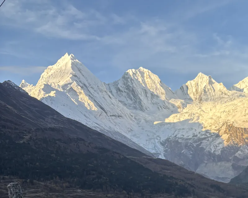 First morning light on the snow peaks of Panchachuli, seen from Mati's terrace high above the Darma Valley