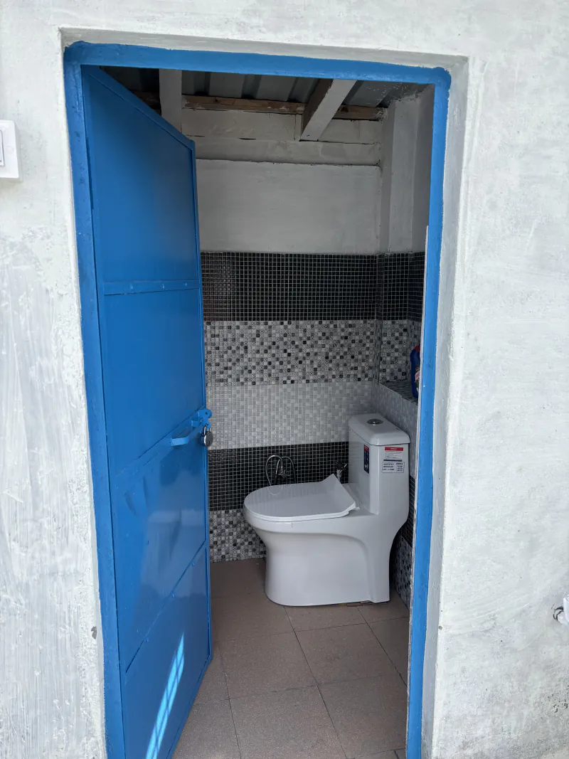 Tiled guest toilet with a Western seat behind a blue door